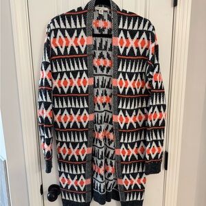 Geometric Open-Front Cardigan in Black, White & Coral/Orange